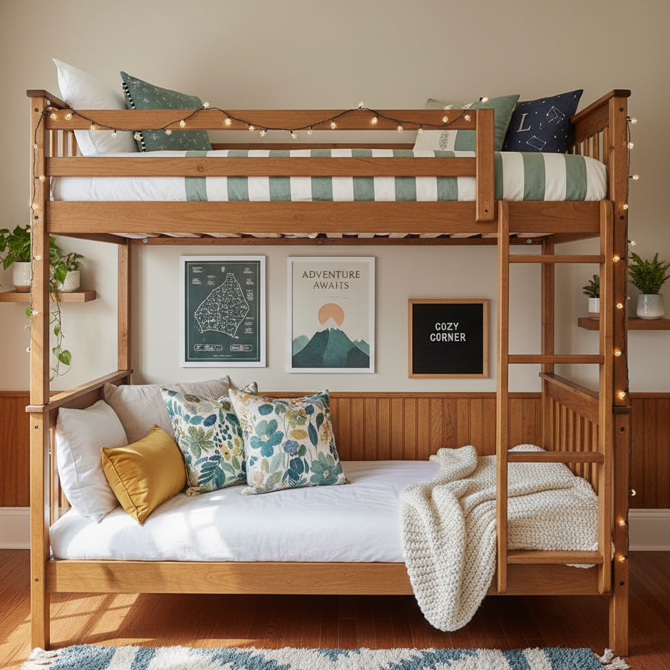 Bunk bed styled with string lights, pillows, and framed artwork for a warm, personal touch.