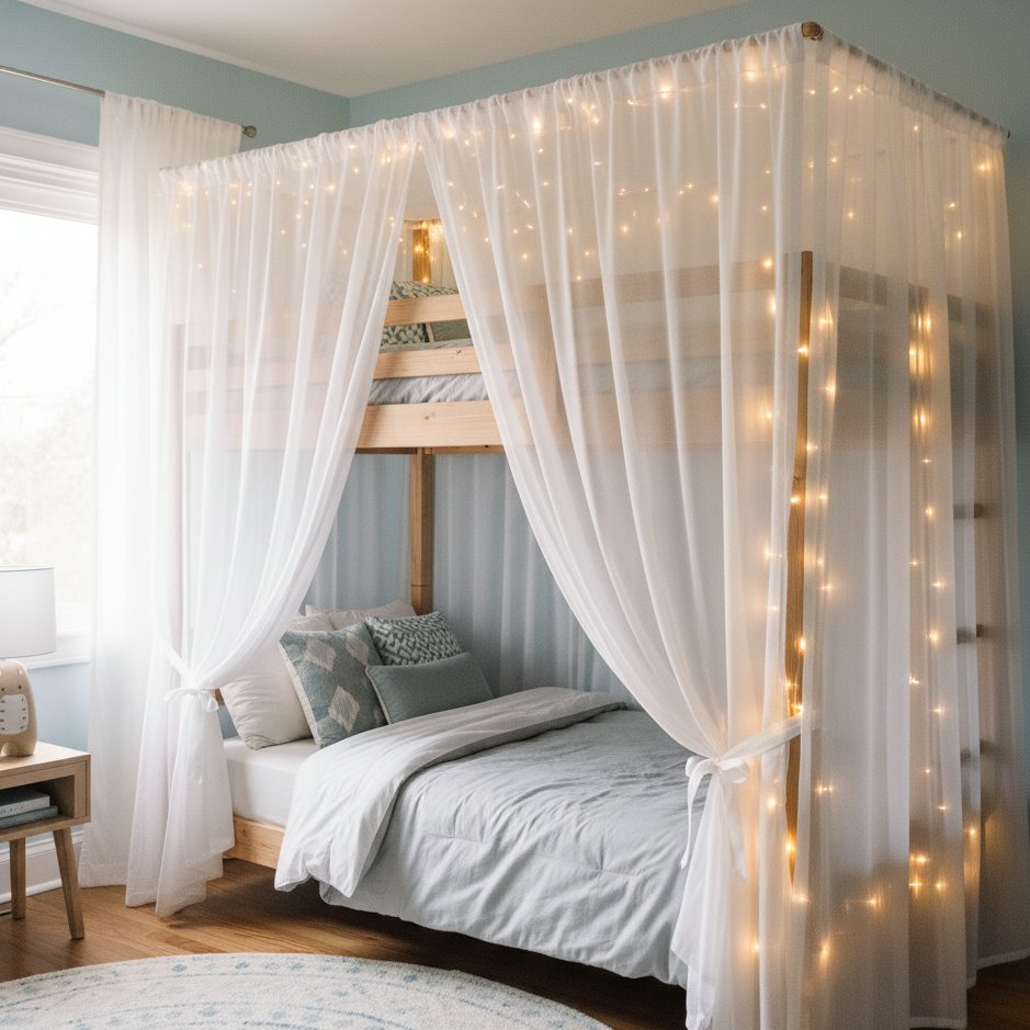 Loft bed surrounded by sheer white curtains and soft fairy lights for added privacy and warmth.