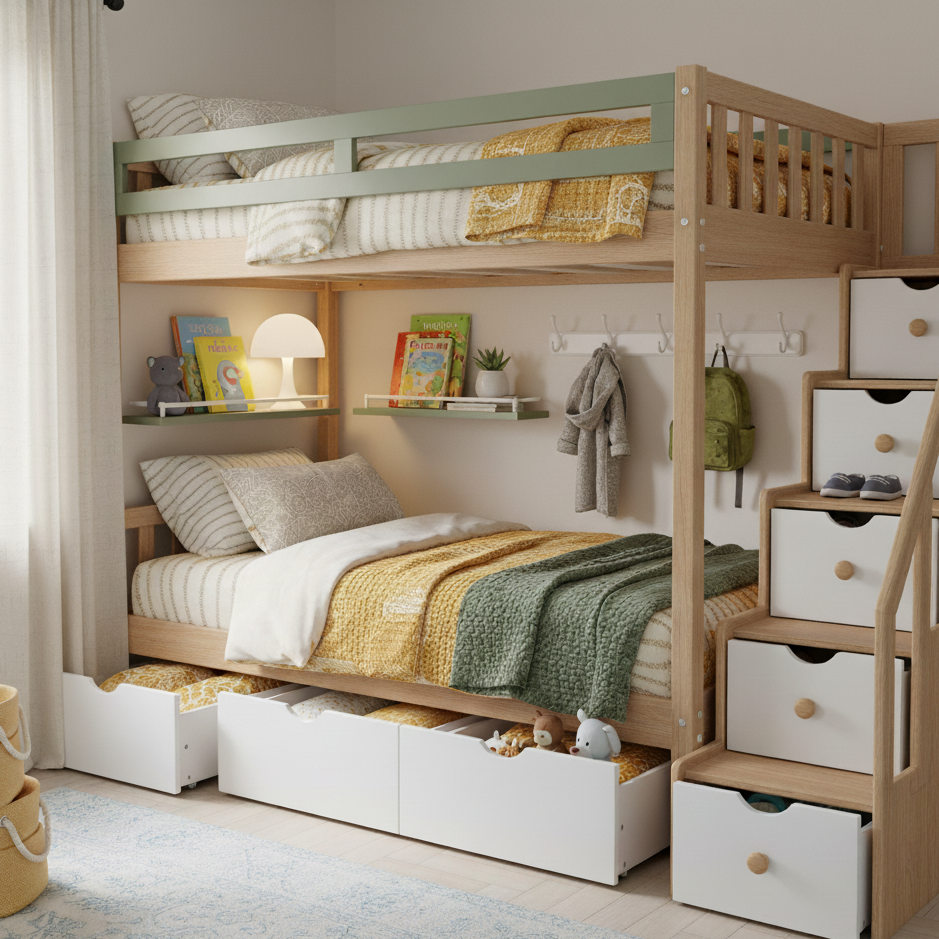 Wooden bunk bed with stairs, built-in drawers, and shelves neatly organizing toys and books.