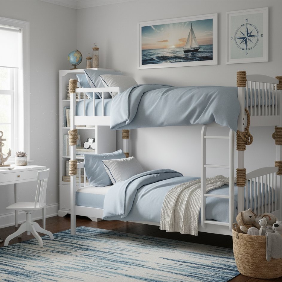 White bunk bed styled with blue nautical bedding and coastal wall art for a unified look.