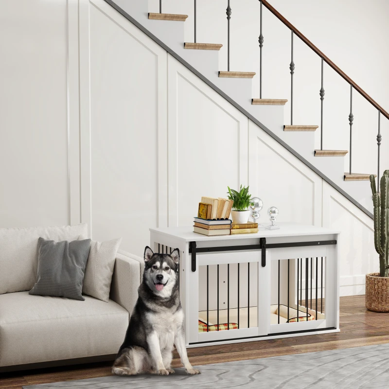 White wooden dog crate table beside sofa under staircase.