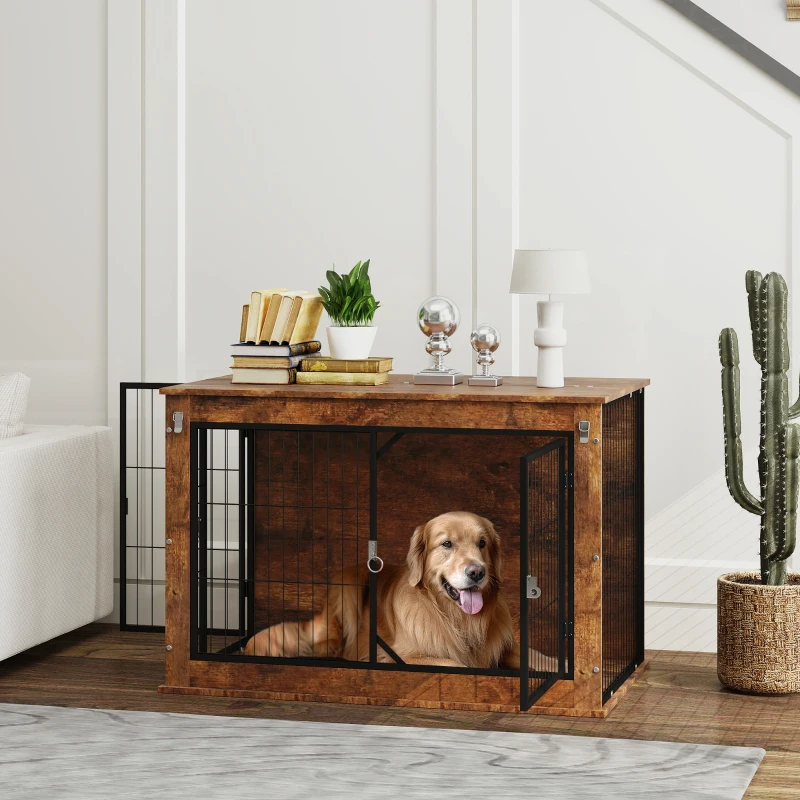 Brown rustic dog crate table with golden retriever inside.