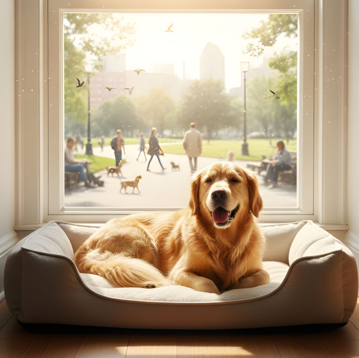 Happy golden retriever resting on a large dog bed by a sunny city park window.