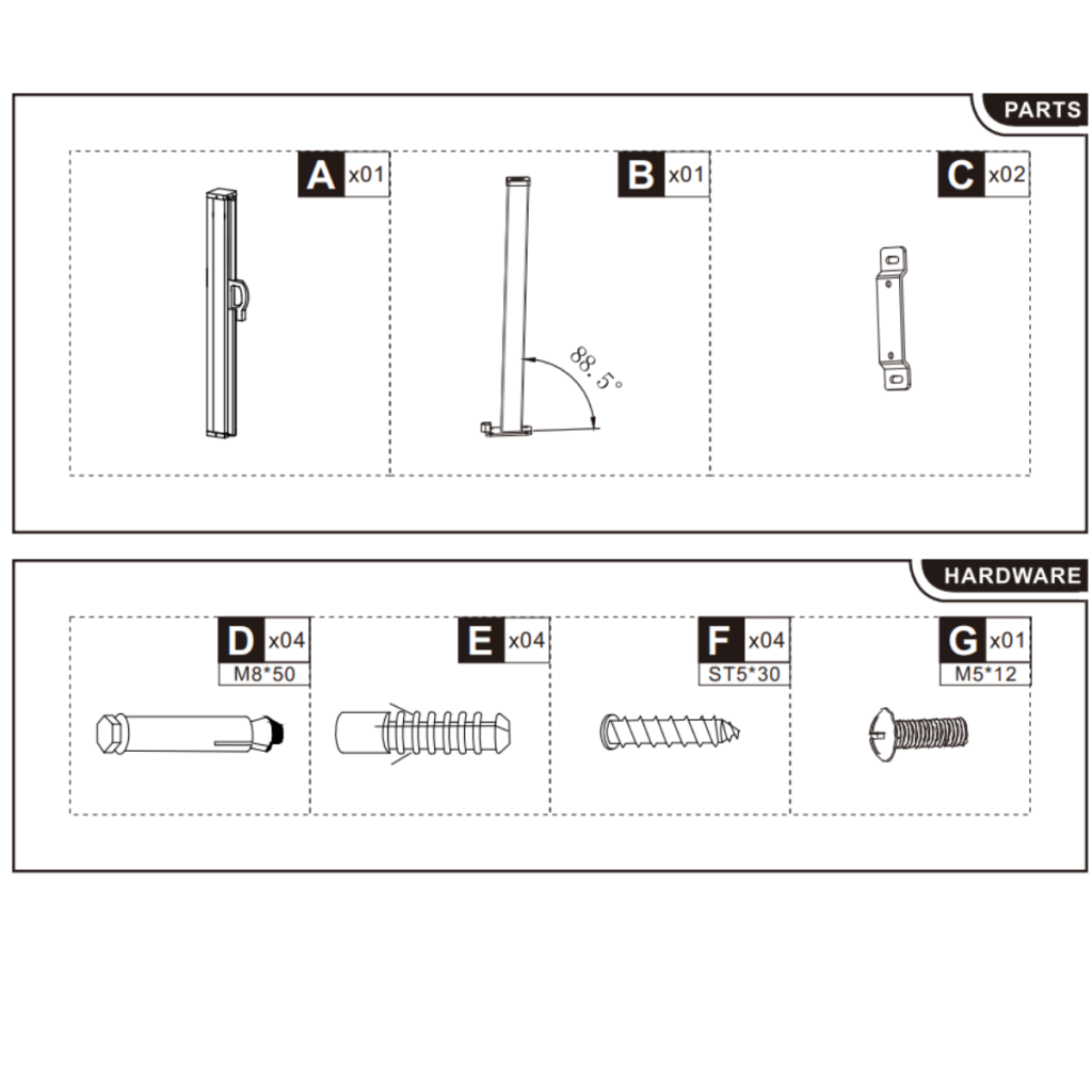 Illustration of all parts and hardware for the Outsunny retractable side awning assembly.
