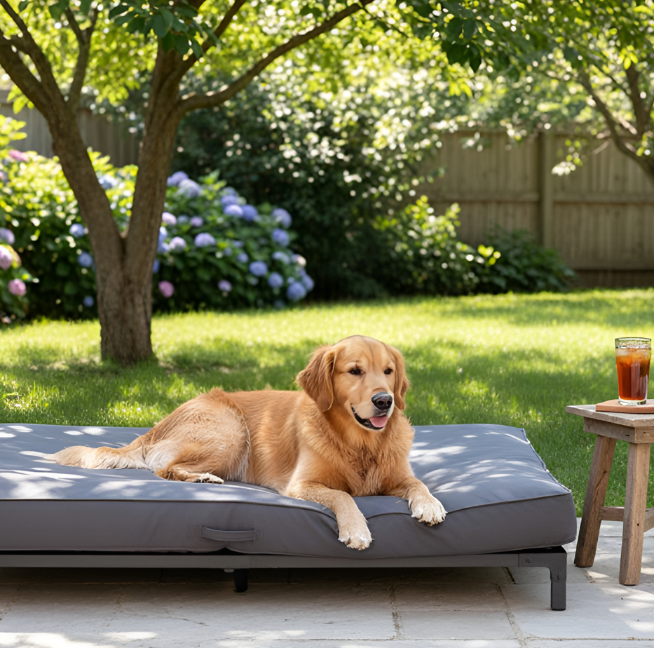 Golden retriever resting comfortably on a grey outdoor dog bed in a shaded garden.
