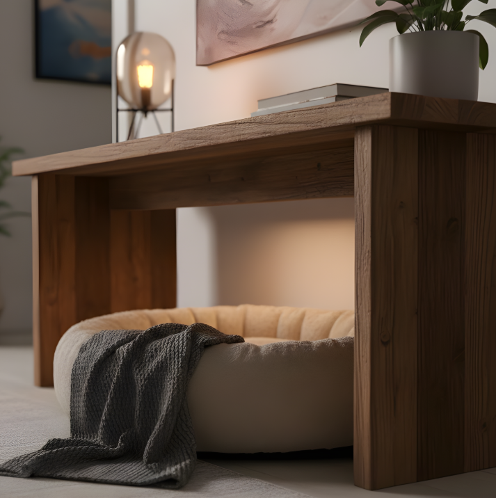 Cozy dog bed placed neatly under a rustic wooden console table with soft lighting.