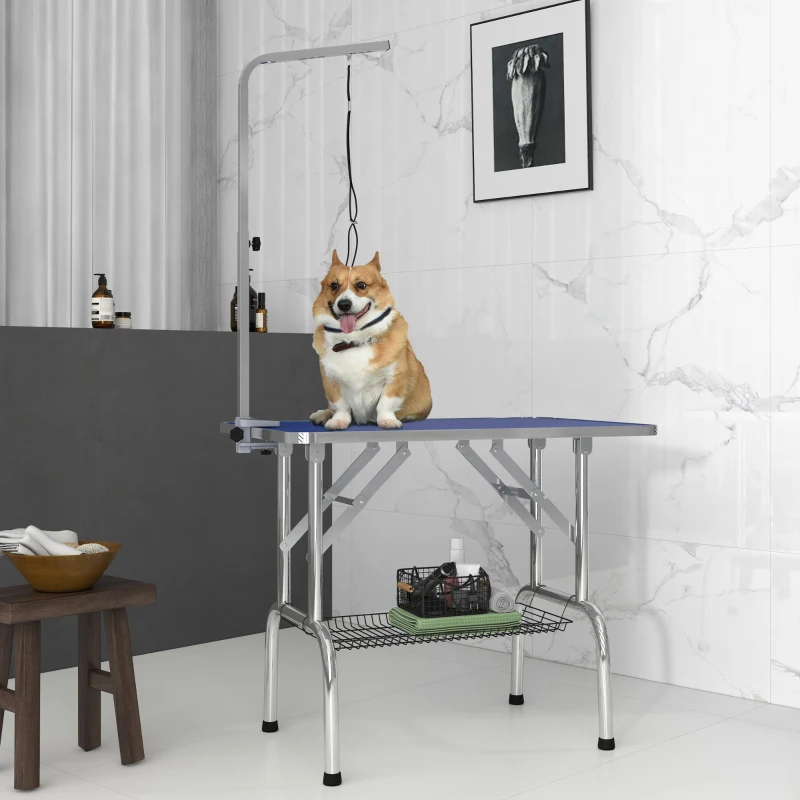 Portable dog grooming table with shelf, adjustable arm, blue top, and a Corgi.