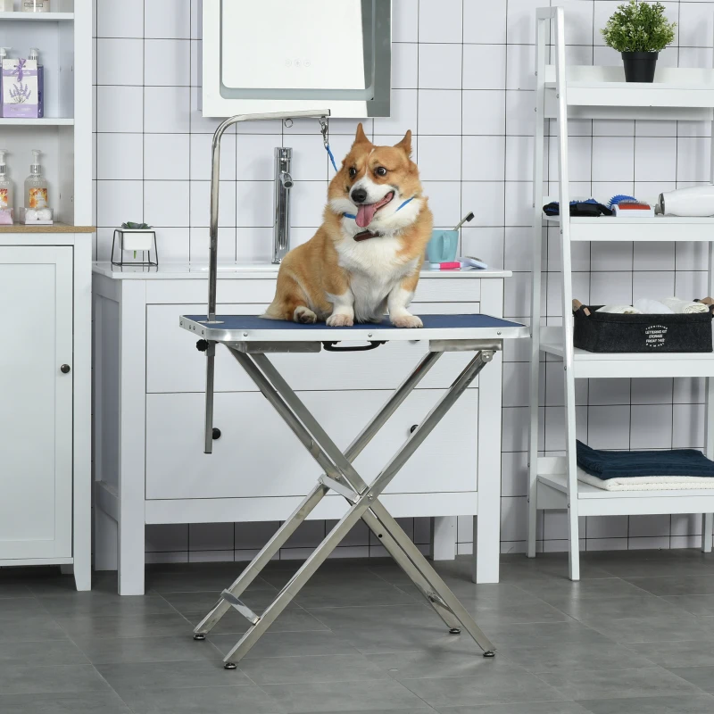 X-frame metal folding grooming table with blue top and a Corgi in a tiled room.