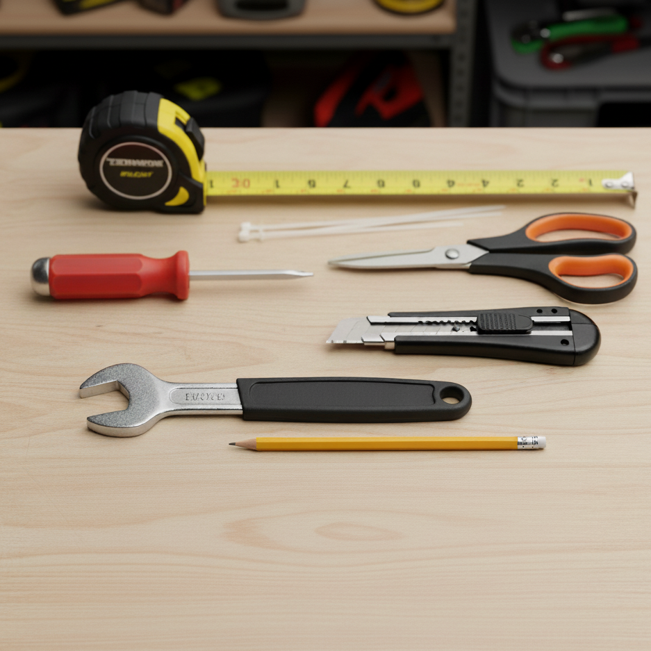 Essential tools for installing a pet gate including wrench, tape measure, scissors, and screwdriver.