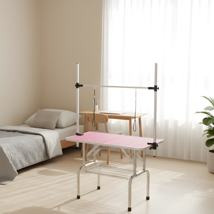 Grooming table positioned in bright room with natural light and simple décor.