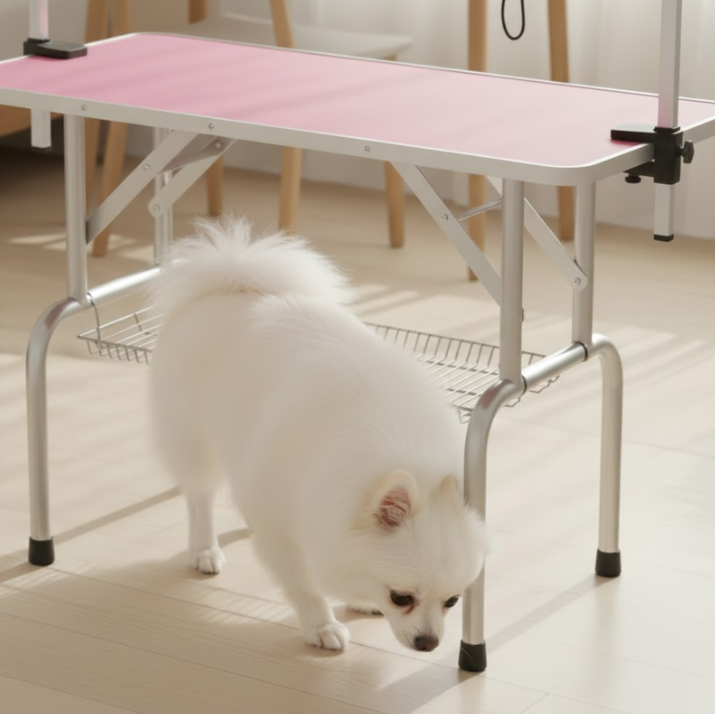 Dog sniffing the dog grooming table
