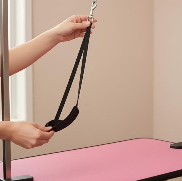 Hand holding grooming loop strap while attaching to arm.