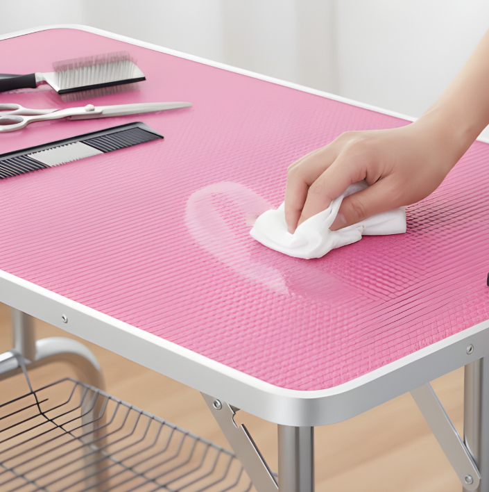 Hand wiping grooming table surface with cloth beside grooming tools.