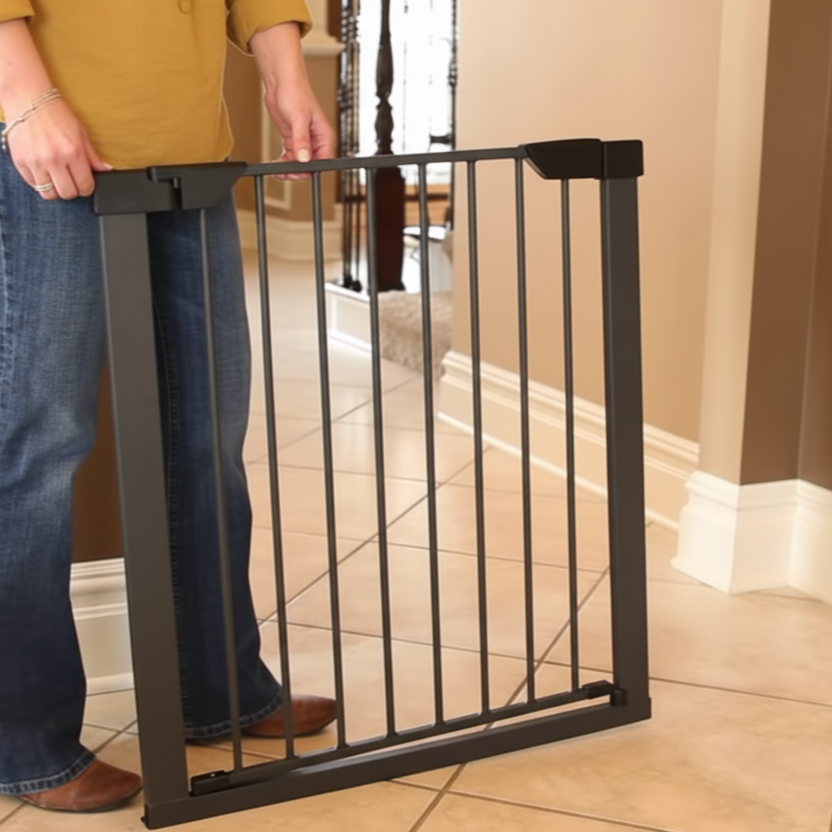 Person holding a metal pet gate upright before installation, showing the initial gap between panels.