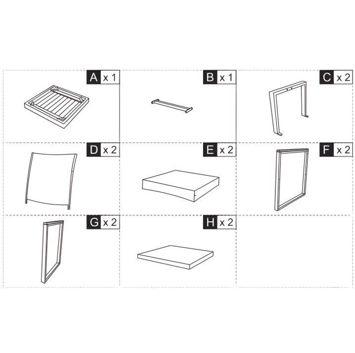 Visual layout of table and chair components, including frames, panels, cushions, and support pieces.