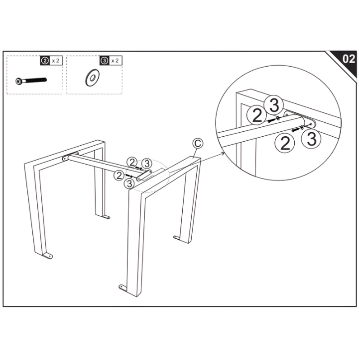 Illustration showing support bar aligned and bolted to table leg frame.