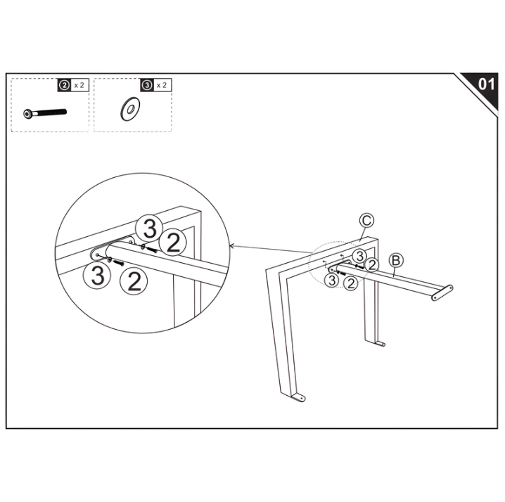 Diagram showing bolts securing support bar between metal table legs.