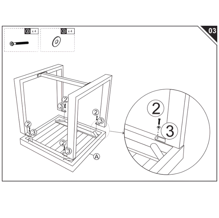 Diagram showing bolts and washers attaching metal table frame to slatted tabletop.