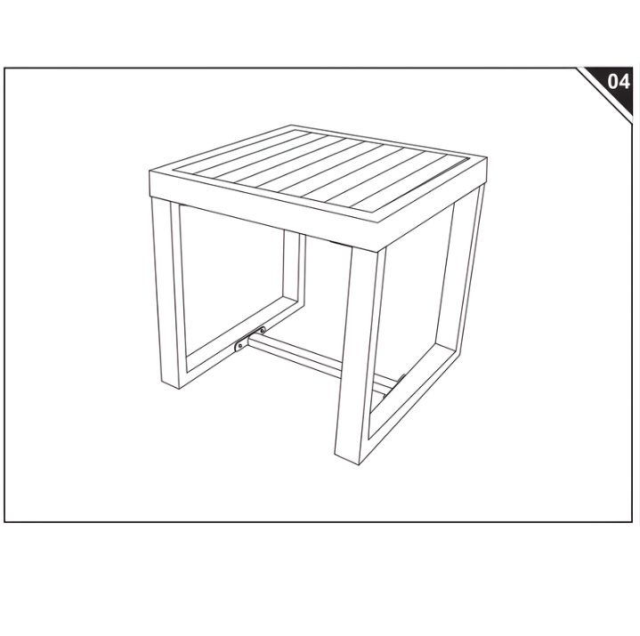 Finished square outdoor side table with slatted top and metal frame legs.