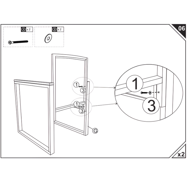 Diagram showing bolts and washers connecting side frame to chair back.