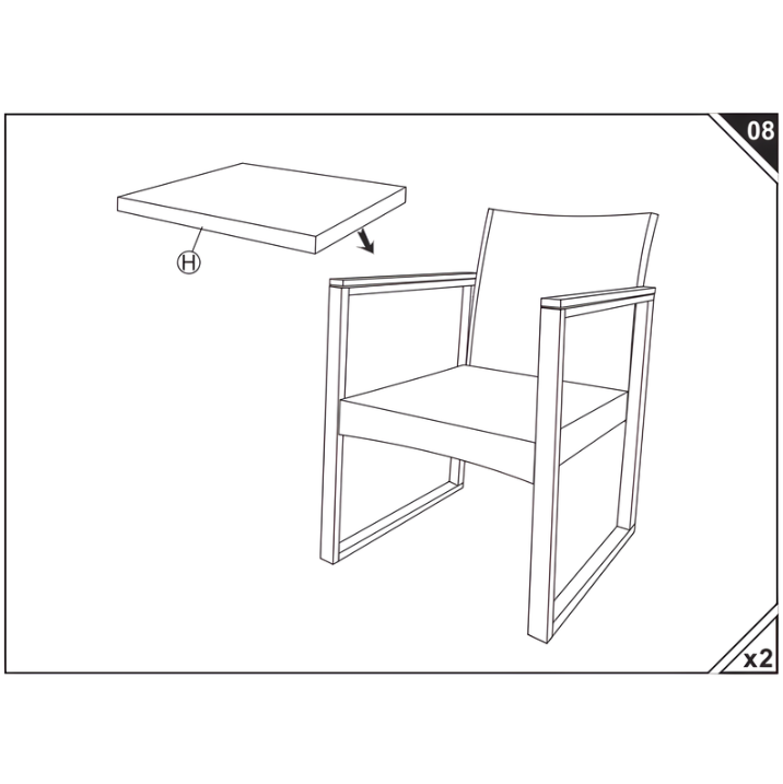 Illustration showing seat cushion panel being aligned and placed on assembled chair frame.
