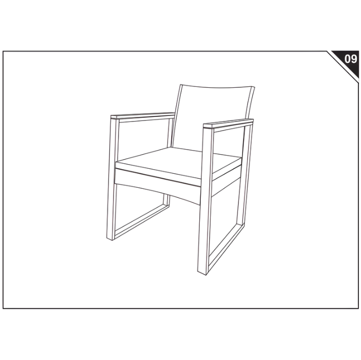 Fully assembled patio chair standing upright with seat and back panels aligned.