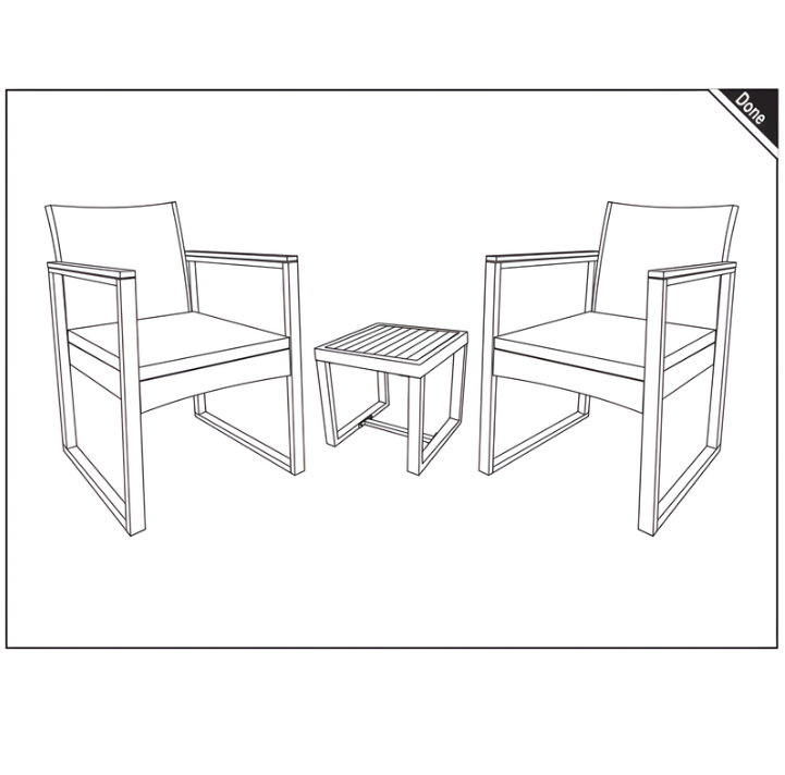 Finished patio furniture set with two chairs and matching slatted table.