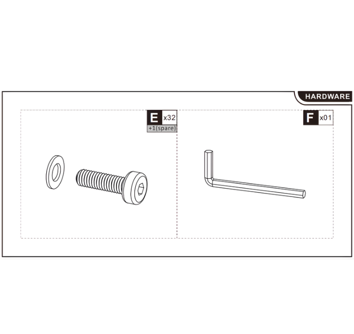 Hardware list showing 32 Hex Bolts and one Allen Key for assembly.
