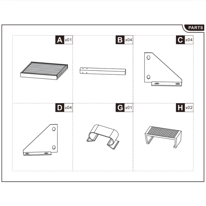 Parts diagram showing Tabletop, Legs, Brackets, Clip, and End Caps