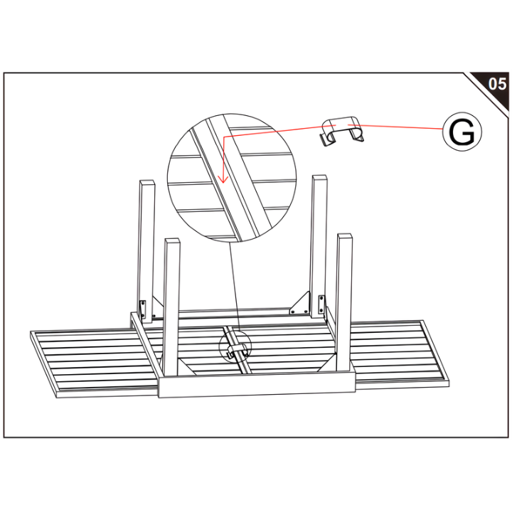 Install the Central Locking Clip underneath the extended wooden patio table.