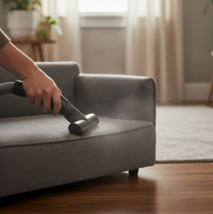 Hand vacuuming grey dog sofa cushion.