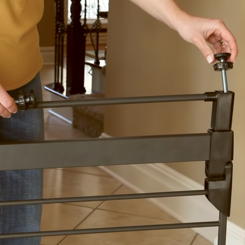 Person inserting tension knobs into the top corners of a pet gate for wall pressure adjustment.