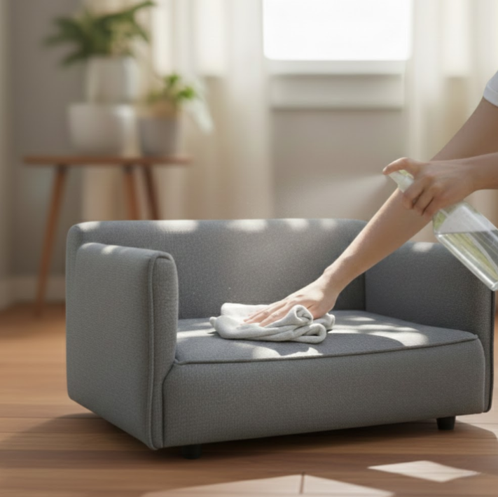 Hand wiping grey dog couch with spray bottle and cloth.