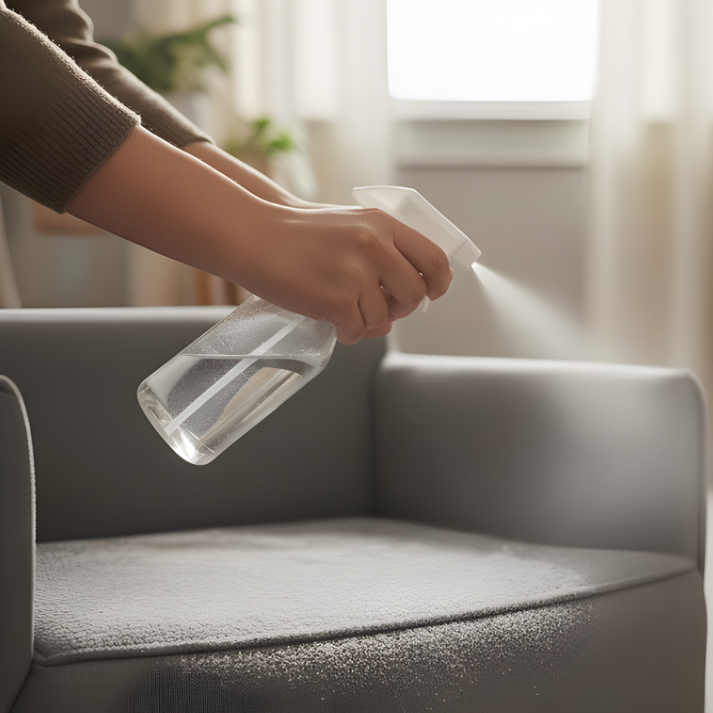 Hand spraying vinegar mist on dog couch.