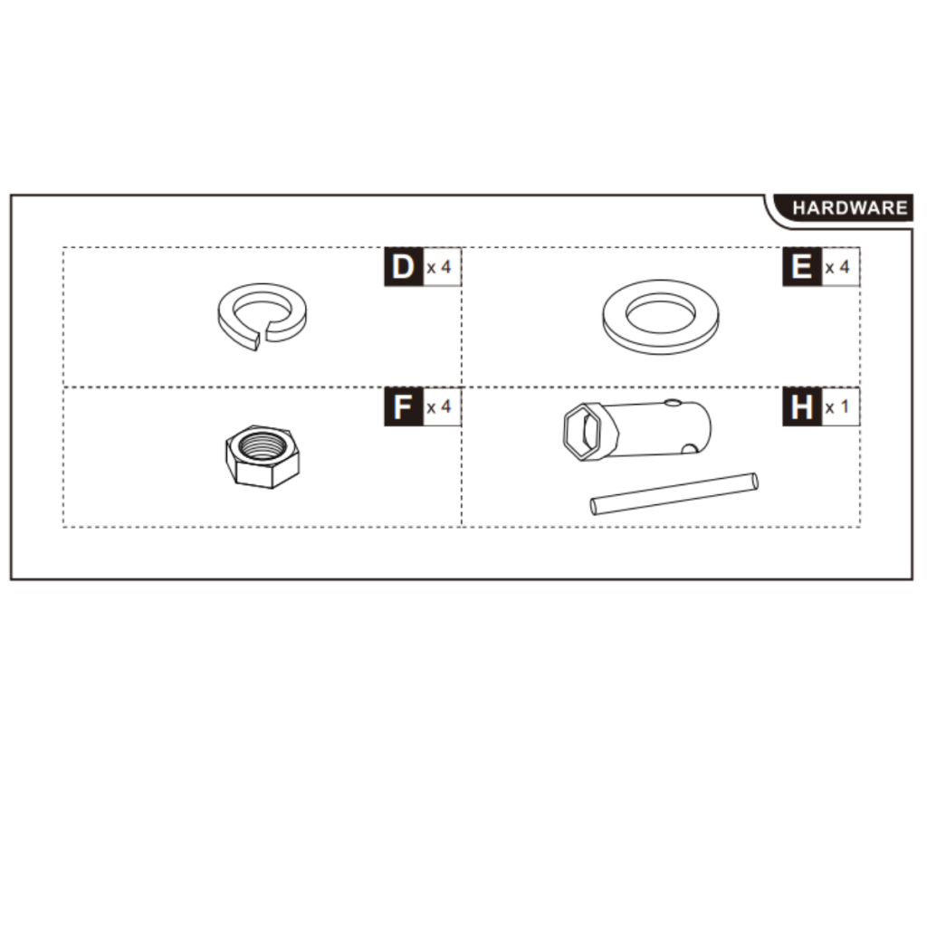 Washers, nuts, and wrench arranged for assembly.