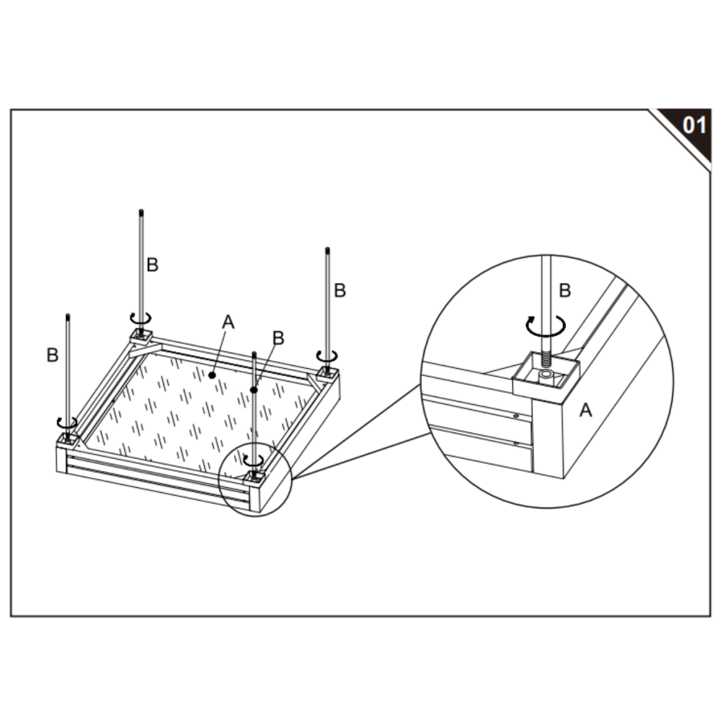 Connector rods twisting into tabletop corners.