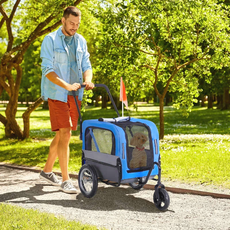 man walking small dog in blue pet stroller outdoors.