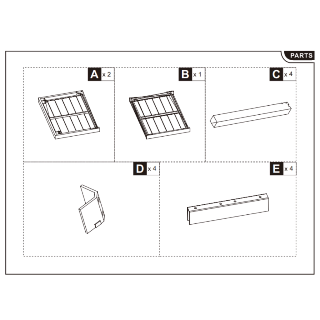 Table panels, support bars, and brackets shown in parts diagram.