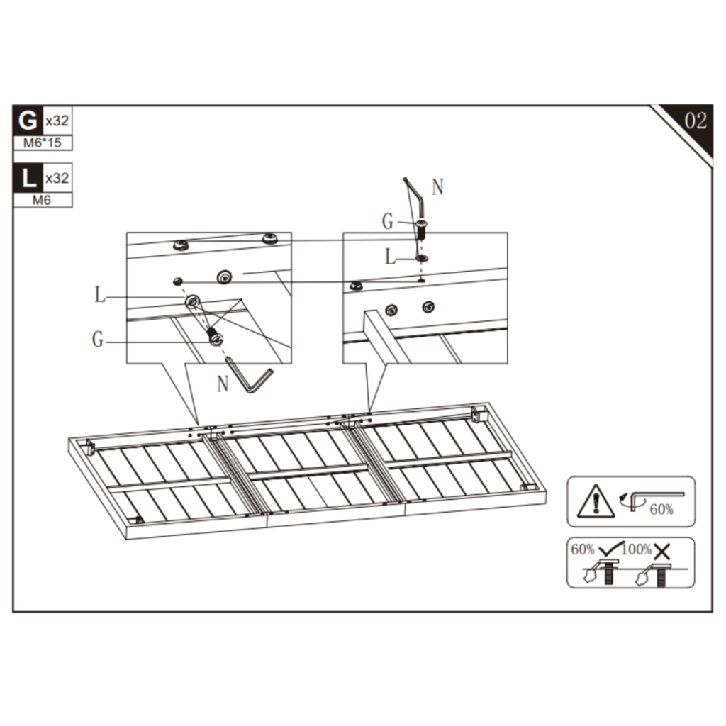 Bolts and washers being fastened to connect table frame panels.