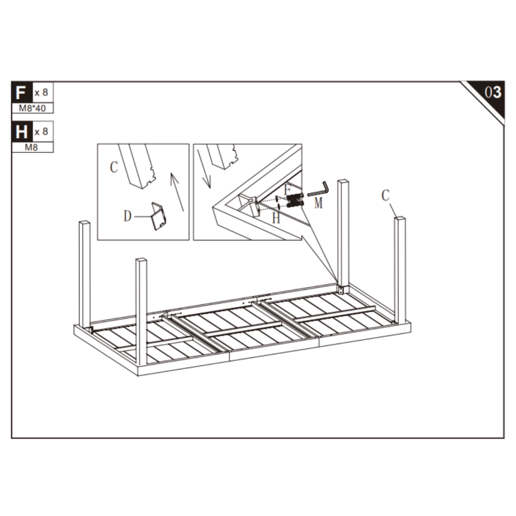 Corner brackets securing top support bars to table frame.