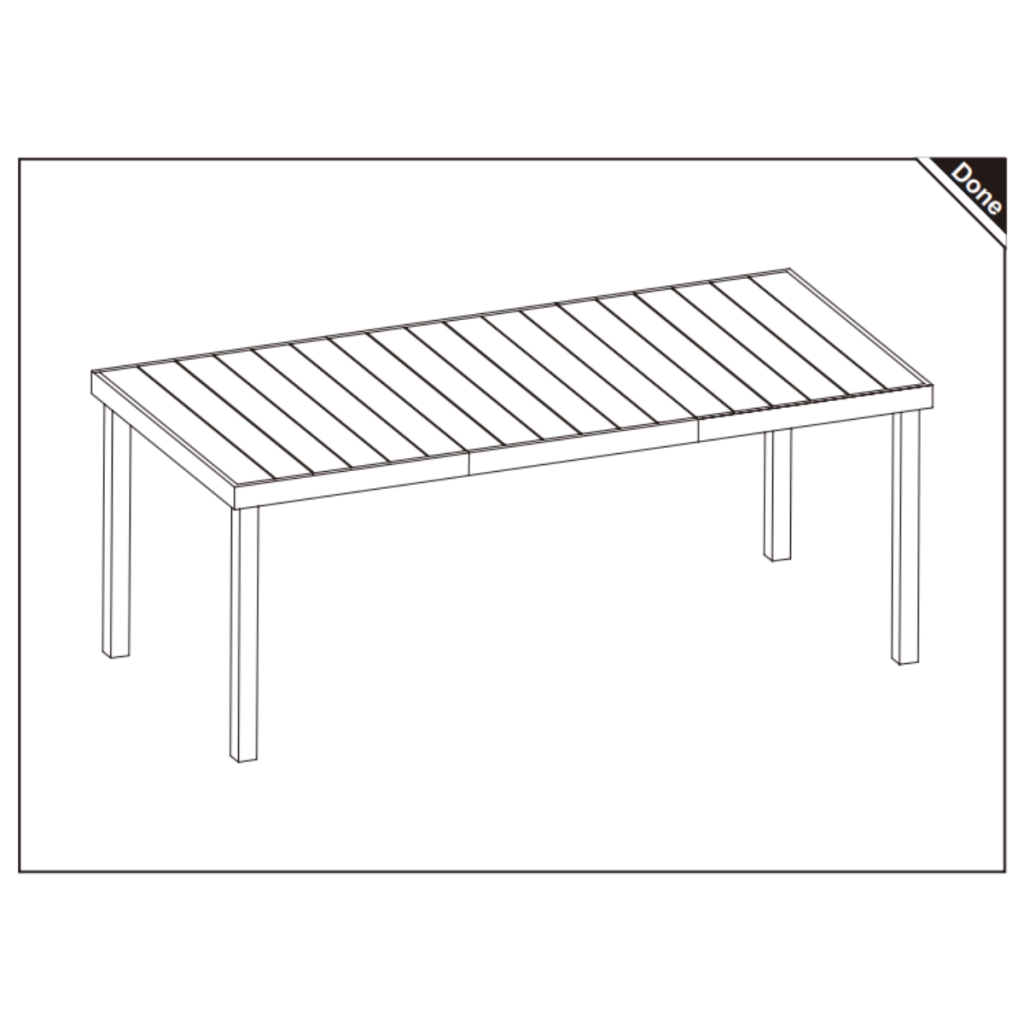 Fully assembled rectangular outdoor dining table standing upright.