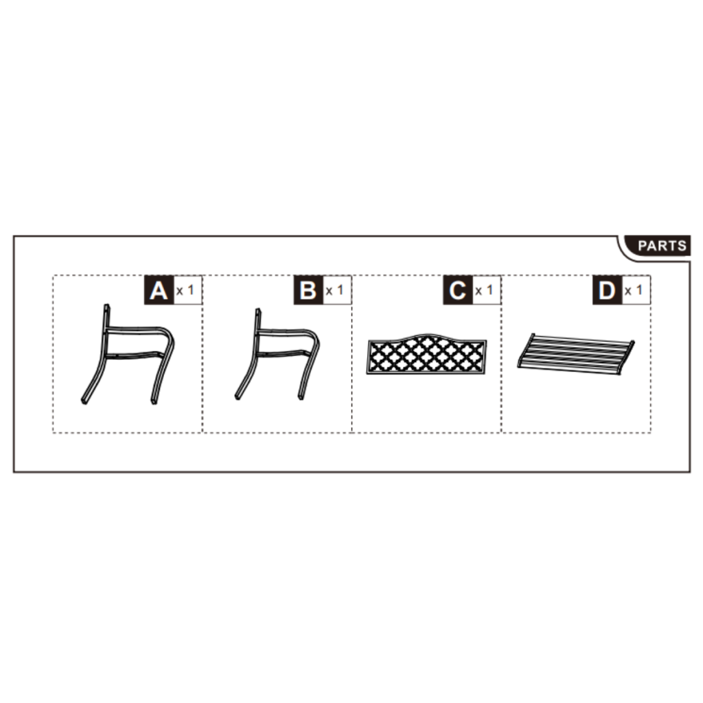 Parts layout showing side frames, backrest, and seat panel.