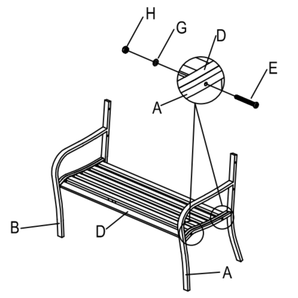 Connect seat panel to side frames with bolts.