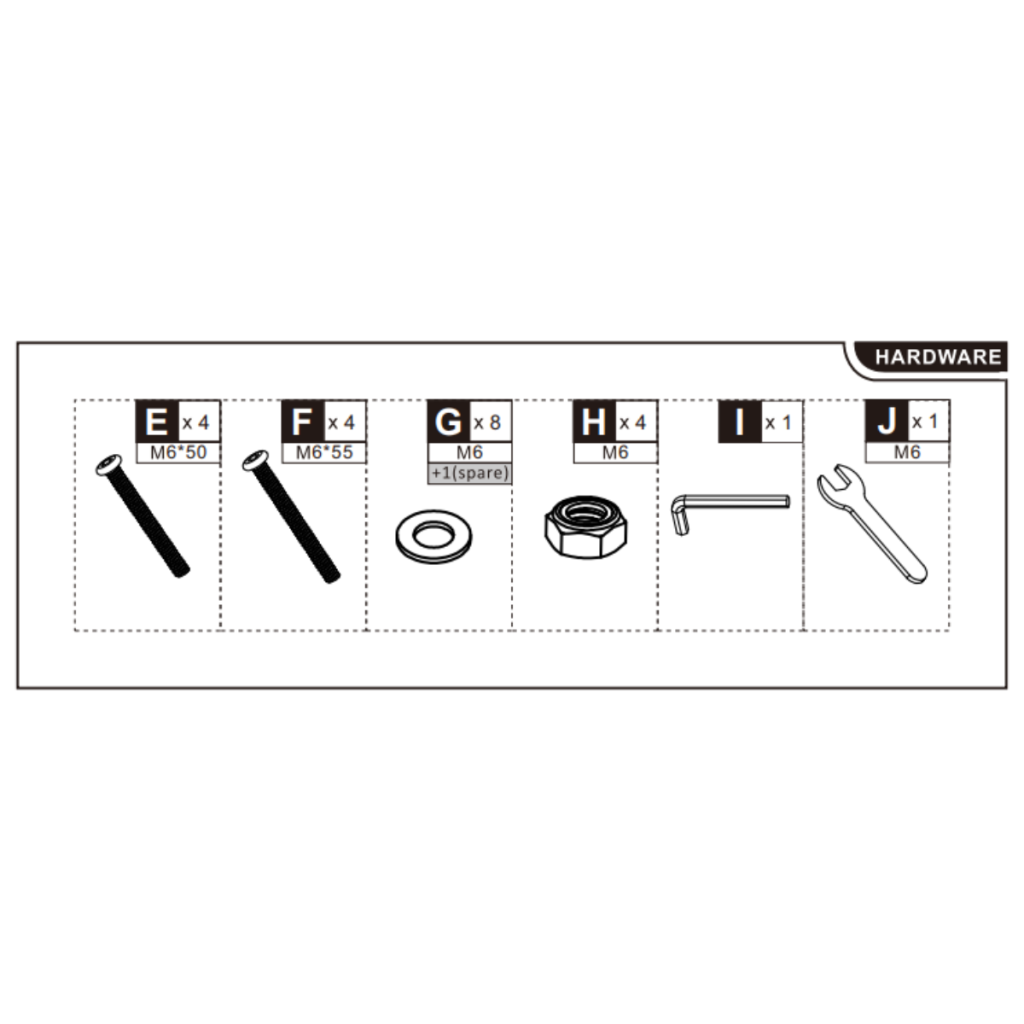 Hardware layout showing required bolts, washers, nuts, and tools.