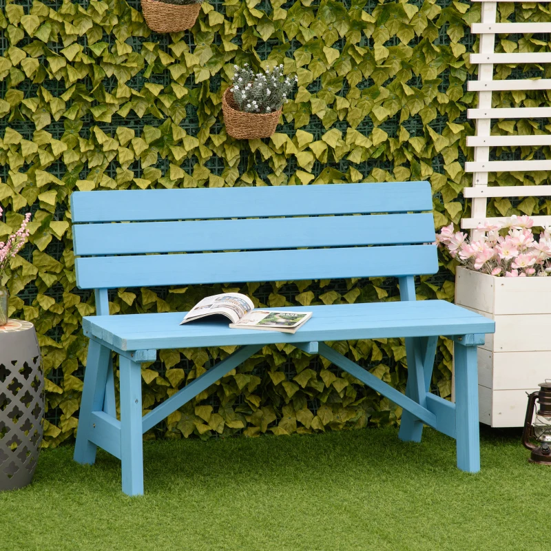 Blue wooden garden bench positioned outdoors on artificial grass.