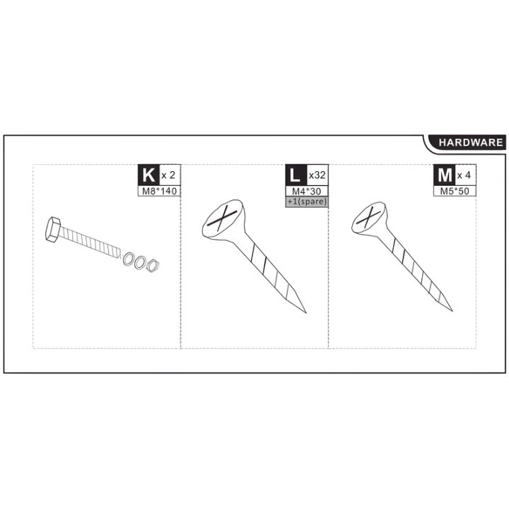 Diagram of M8 bolts, M4 screws, and M5 screws used for assembling the wooden bench.