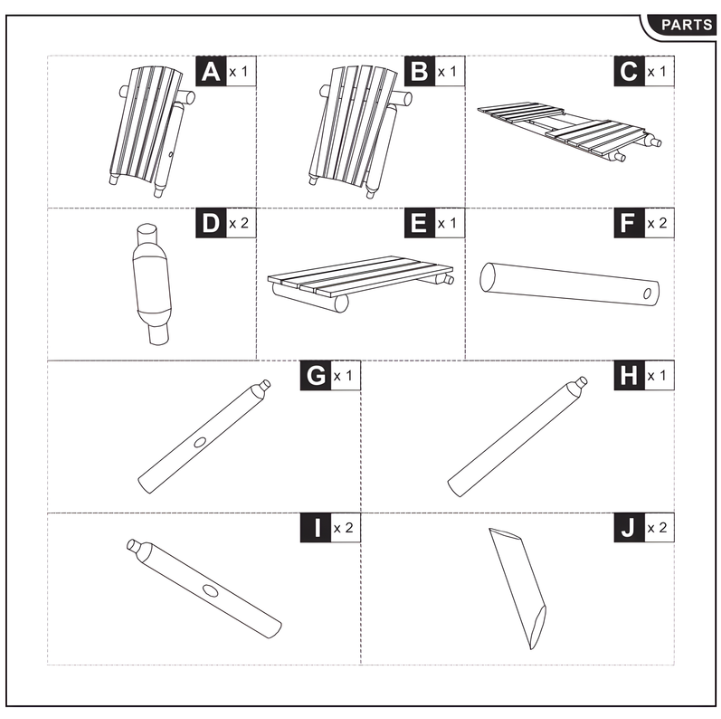 Illustrated parts layout showing backrests, seat base, table panel, legs, support bars, and brackets.