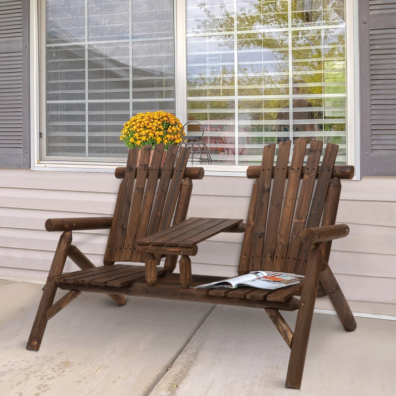 Photo of assembled wooden Adirondack double chair with center table placed on a patio.