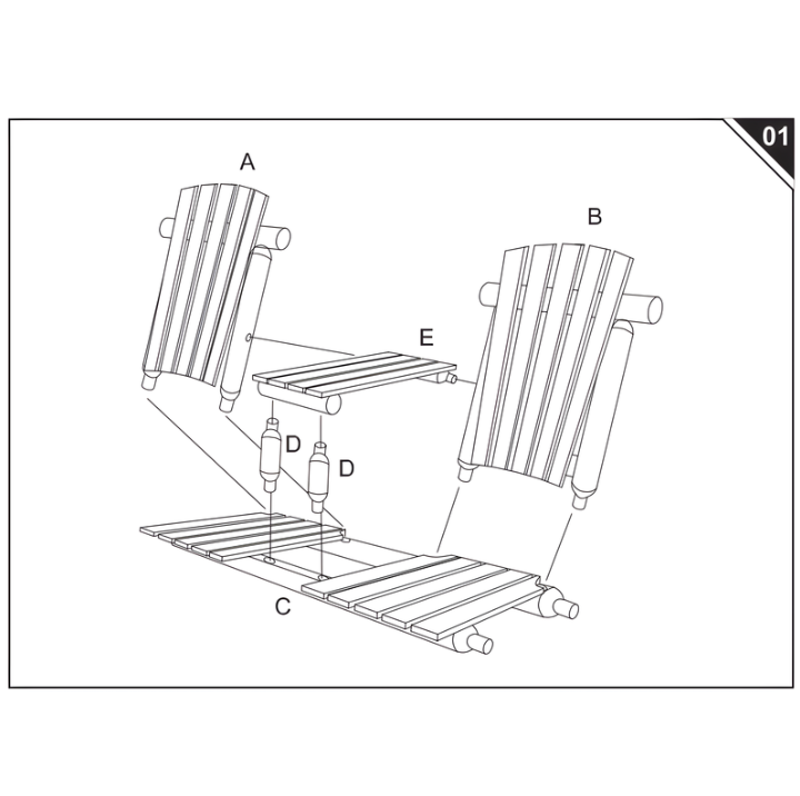 Diagram showing backrest panels and center table being positioned on the seat base.