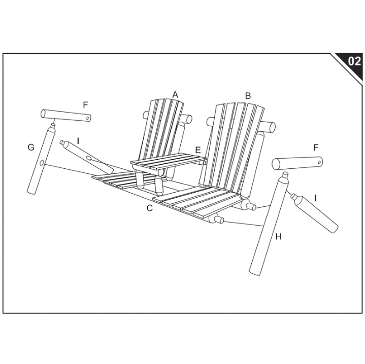 Illustration showing angled legs, side support bars, and under-seat beams connecting to the seat base.